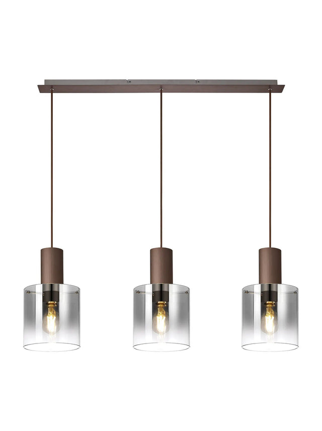 Chisholm Linear Pendant, 3 Light Adjustable E27, Mocha/Smoke Fade Glass