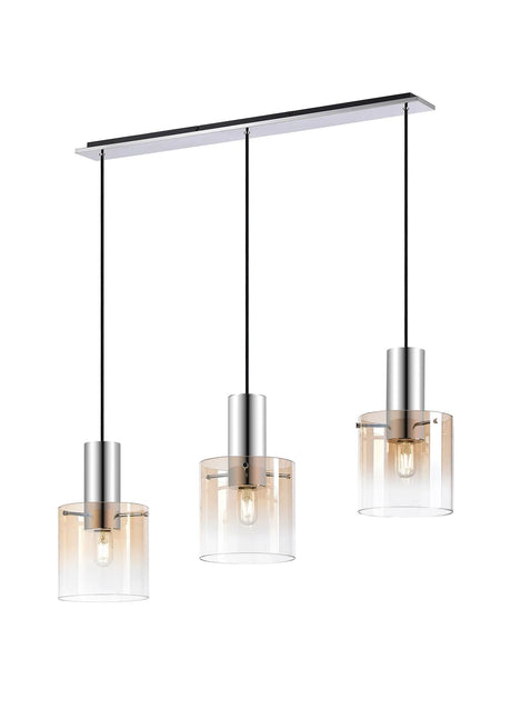 Chisholm Linear Pendant, 3 Light Adjustable E27, Polished Nickel/Black/Amber Fade Glass