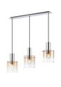 Chisholm Linear Pendant, 3 Light Adjustable E27, Polished Nickel/Black/Amber Fade Glass