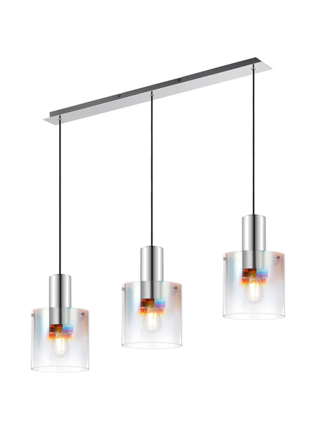 Chisholm Linear Pendant, 3 Light Adjustable E27, Polished Nickel/Black/Iridescent Fade Glass