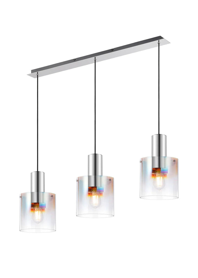 Chisholm Linear Pendant, 3 Light Adjustable E27, Polished Nickel/Black/Iridescent Fade Glass