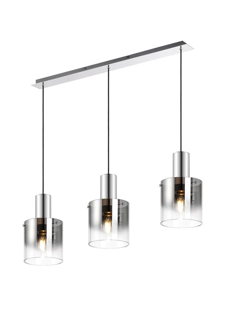 Chisholm Linear Pendant, 3 Light Adjustable E27, Polished Nickel/Black/Smoke Fade Glass