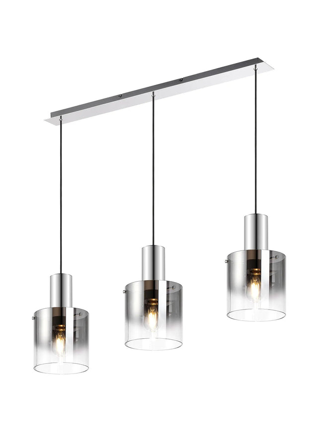 Chisholm Linear Pendant, 3 Light Adjustable E27, Polished Nickel/Black/Smoke Fade Glass