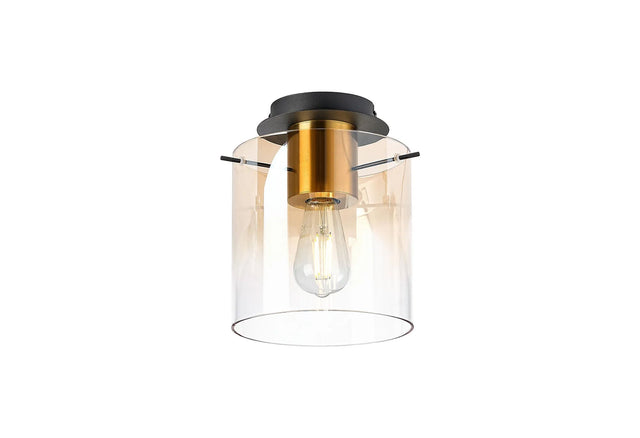 Chisholm 20cm Round Ceiling Flush, 1 Light Flush Fitting E27, Brass/Sand Black/Amber Fade Glass