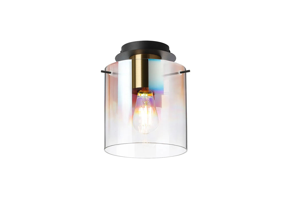 Chisholm 20cm Round Ceiling Flush, 1 Light Flush Fitting E27, Brass/Sand Black/Iridescent Fade Glass