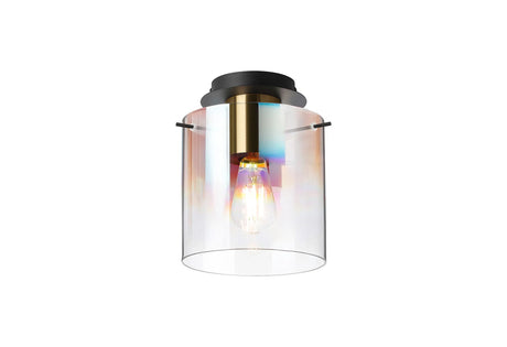 Chisholm 20cm Round Ceiling Flush, 1 Light Flush Fitting E27, Brass/Sand Black/Iridescent Fade Glass