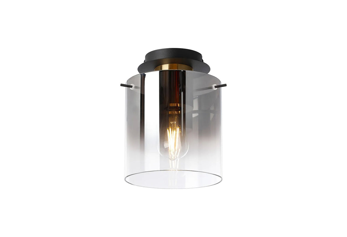 Chisholm 20cm Round Ceiling Flush, 1 Light Flush Fitting E27, Brass/Sand Black/Smoke Fade Glass