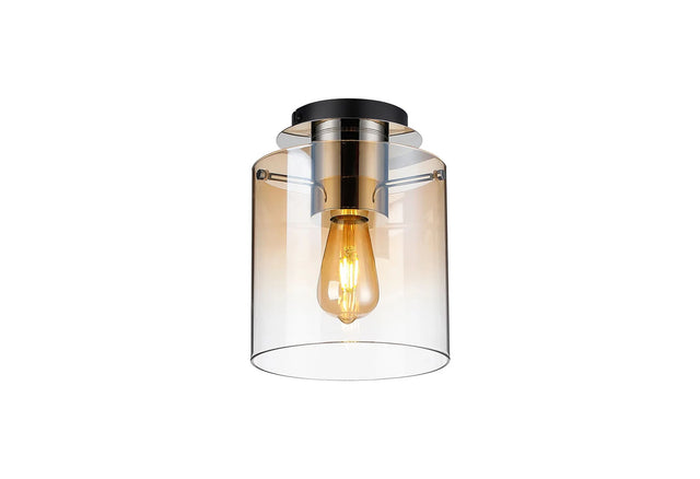Chisholm Round Ceiling Flush, 1 Light Flush Fitting E27, Polished Nickel/Black/Amber Fade Glass