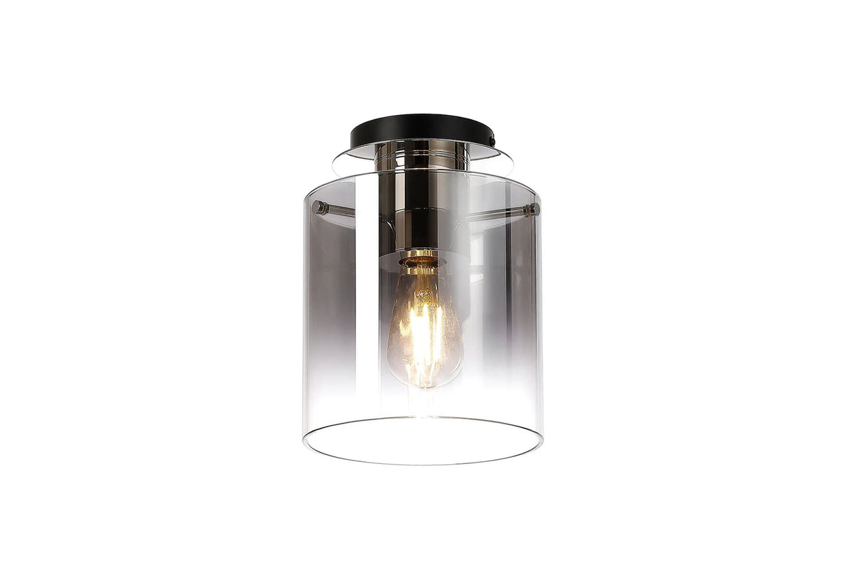 Chisholm Round Ceiling Flush, 1 Light Flush Fitting E27, Polished Nickel/Black/Smoke Fade Glass
