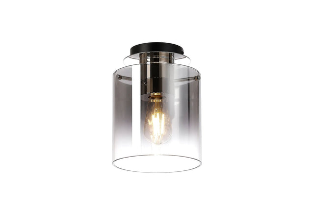 Chisholm Round Ceiling Flush, 1 Light Flush Fitting E27, Polished Nickel/Black/Smoke Fade Glass