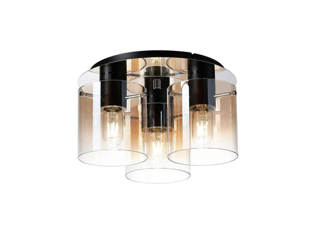 Chisholm Round Ceiling Flush, 3 Light Flush Fitting, Black/Amber Fade Glass