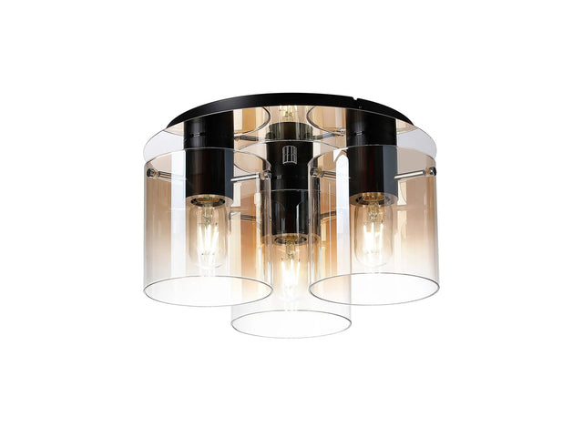 Chisholm Round Ceiling Flush, 3 Light Flush Fitting, Black/Amber Fade Glass