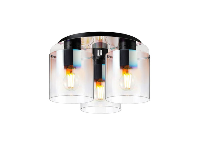Chisholm Round Ceiling Flush, 3 Light Flush Fitting, Black/Iridescent Fade Glass