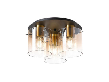 Chisholm 37cm Round Ceiling Flush, 3 Light Flush Fitting, Brass/Sand Black/Amber Fade Glass