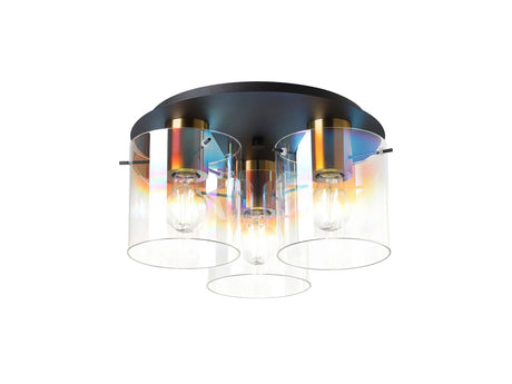 Chisholm 37cm Round Ceiling Flush, 3 Light Flush Fitting, Brass/Sand Black/Iridescent Fade Glass