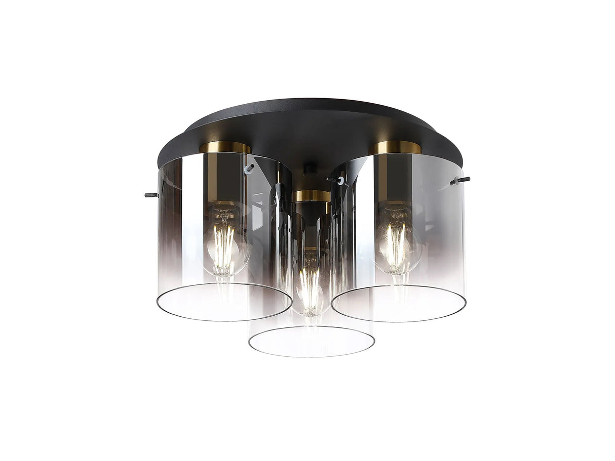 Chisholm 37cm Round Ceiling Flush, 3 Light Flush Fitting, Brass/Sand Black/Smoke Fade Glass