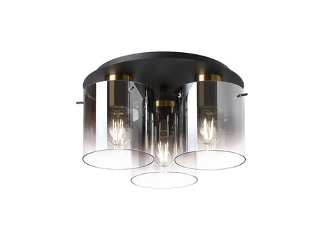 Chisholm 37cm Round Ceiling Flush, 3 Light Flush Fitting, Brass/Sand Black/Smoke Fade Glass