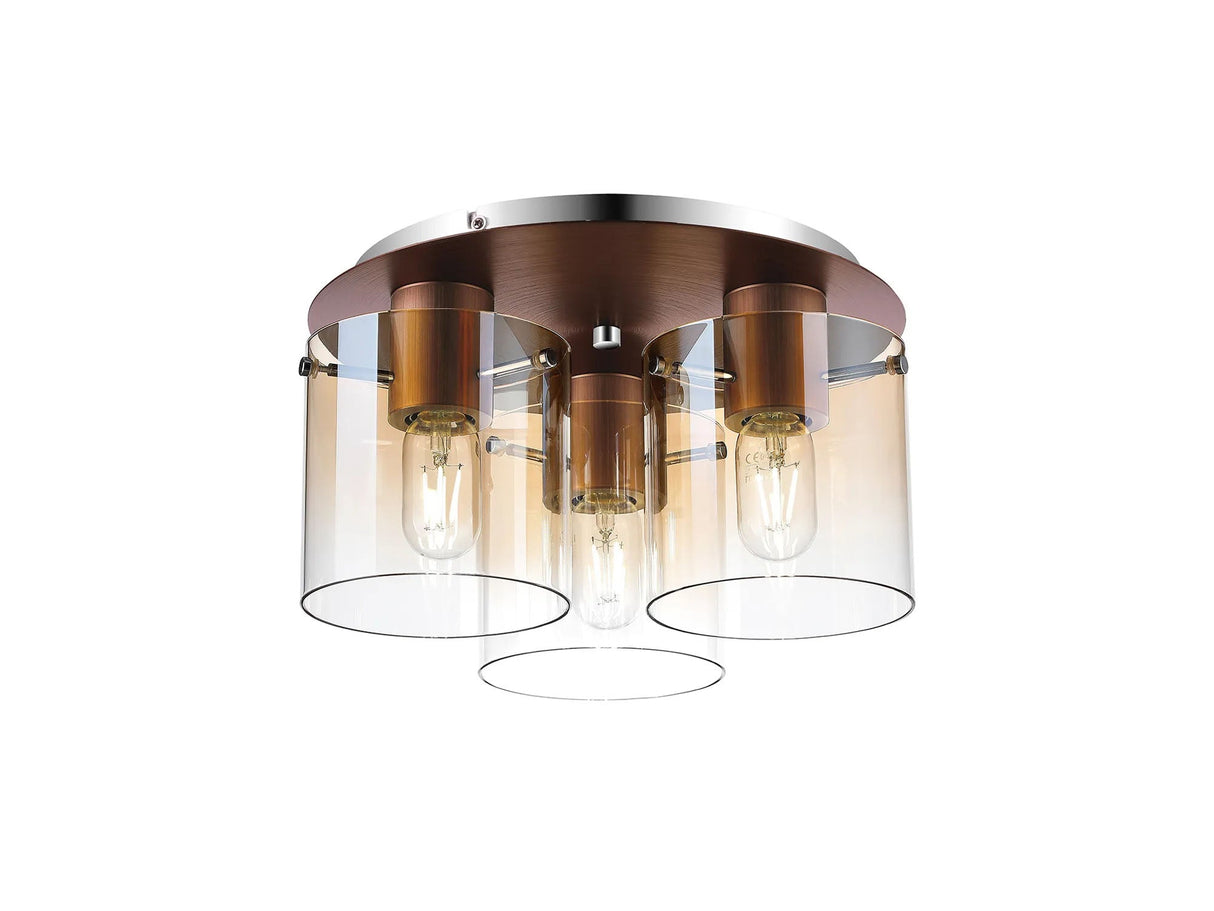 Chisholm Round Ceiling Flush, 3 Light Flush Fitting, Mocha/Amber Fade Glass