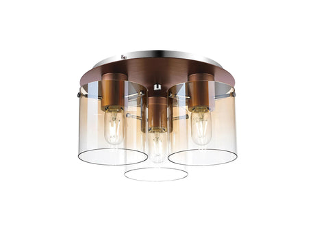 Chisholm Round Ceiling Flush, 3 Light Flush Fitting, Mocha/Amber Fade Glass