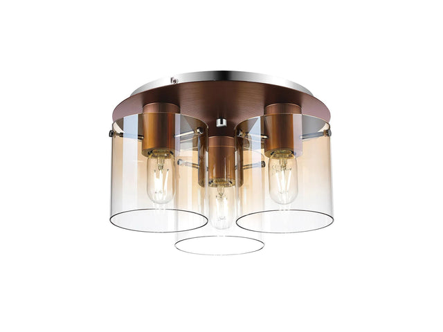Chisholm Round Ceiling Flush, 3 Light Flush Fitting, Mocha/Amber Fade Glass