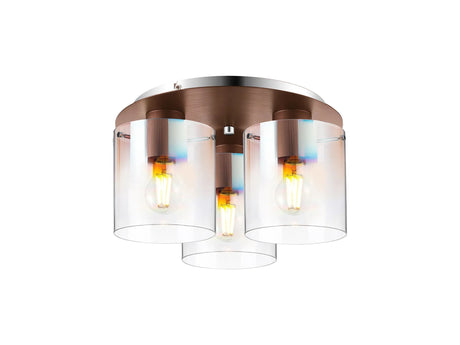Chisholm Round Ceiling Flush, 3 Light Flush Fitting, Mocha/Iridescent Fade Glass