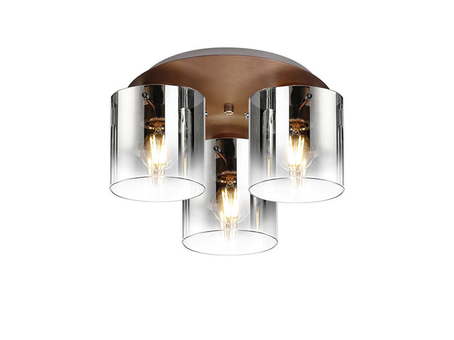 Chisholm Round Ceiling Flush, 3 Light Flush Fitting, Mocha/Smoke Fade Glass