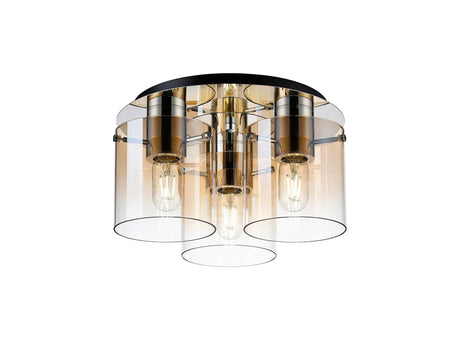 Chisholm Round Ceiling Flush, 3 Light Flush Fitting, Polished Nickel/Black/Amber Fade Glass