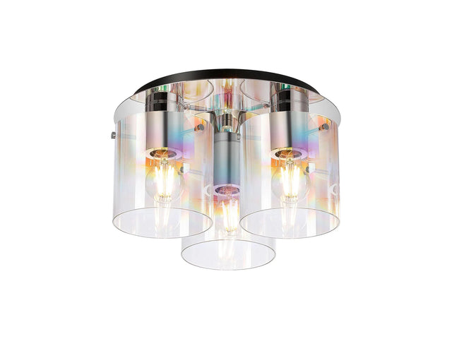 Chisholm Round Ceiling Flush, 3 Light Flush Fitting, Polished Nickel/Black/Iridescent Fade Glass