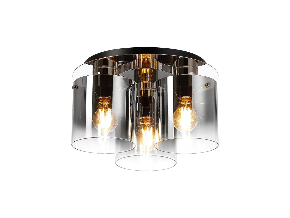 Chisholm Round Ceiling Flush, 3 Light Flush Fitting, Polished Nickel/Black/Smoke Fade Glass