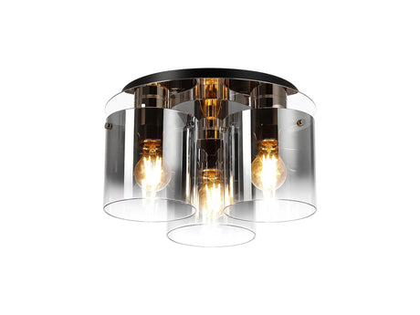 Chisholm Round Ceiling Flush, 3 Light Flush Fitting, Polished Nickel/Black/Smoke Fade Glass