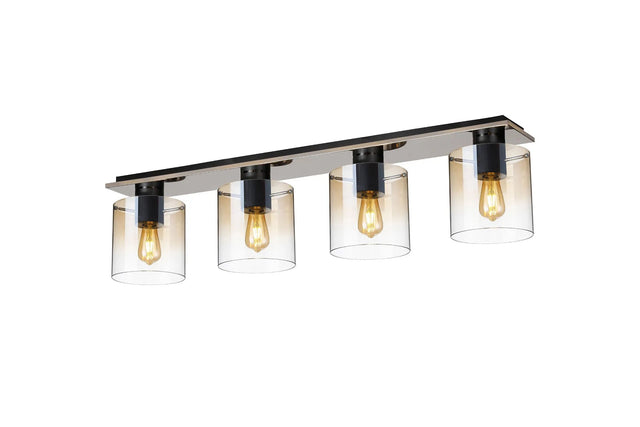 Chisholm Linear Ceiling Flush, 4 Light Flush Fitting, Black/Amber Fade Glass