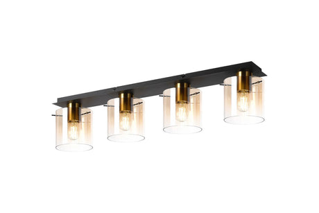 Chisholm Linear Ceiling Flush, 4 Light Flush Fitting, Brass/Sand Black/Amber Fade Glass