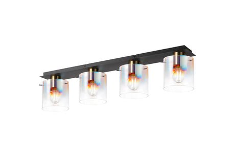 Chisholm Linear Ceiling Flush, 4 Light Flush Fitting, Brass/Sand Black/Iridescent Fade Glass