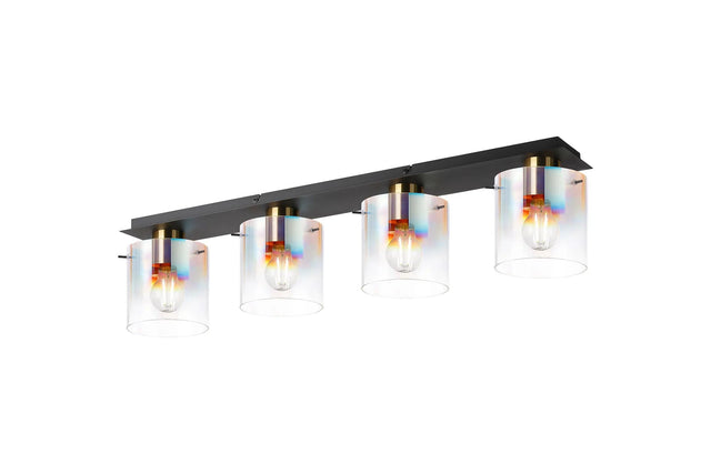 Chisholm Linear Ceiling Flush, 4 Light Flush Fitting, Brass/Sand Black/Iridescent Fade Glass