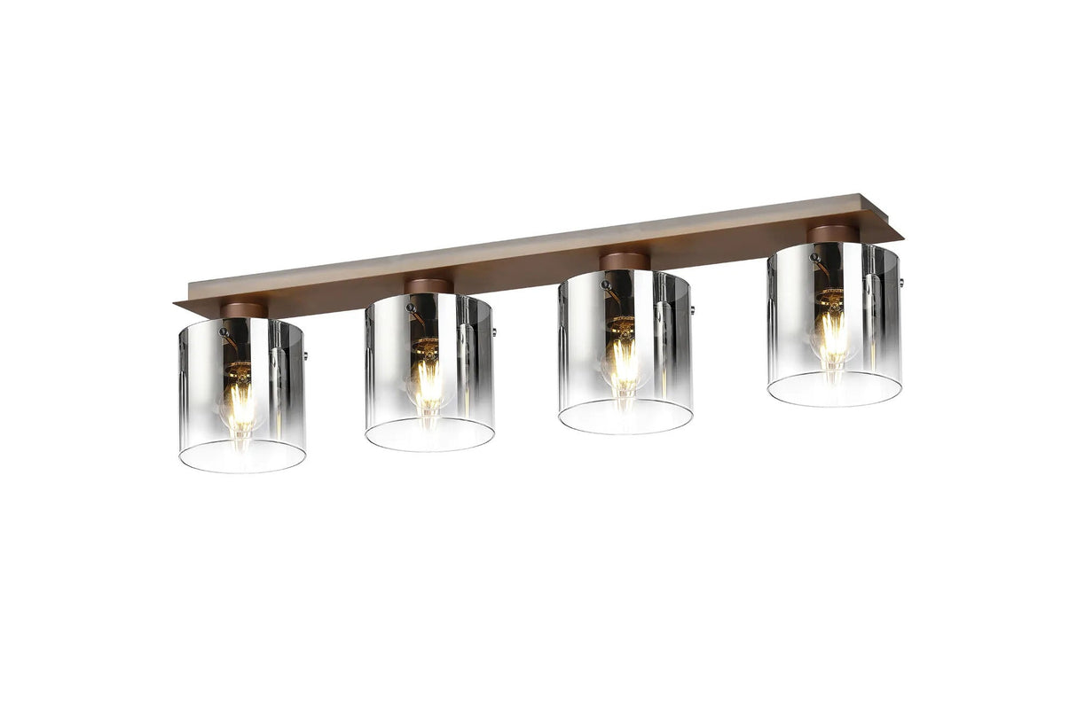 Chisholm Linear Ceiling Flush, 4 Light Flush Fitting, Mocha/Smoke Fade Glass