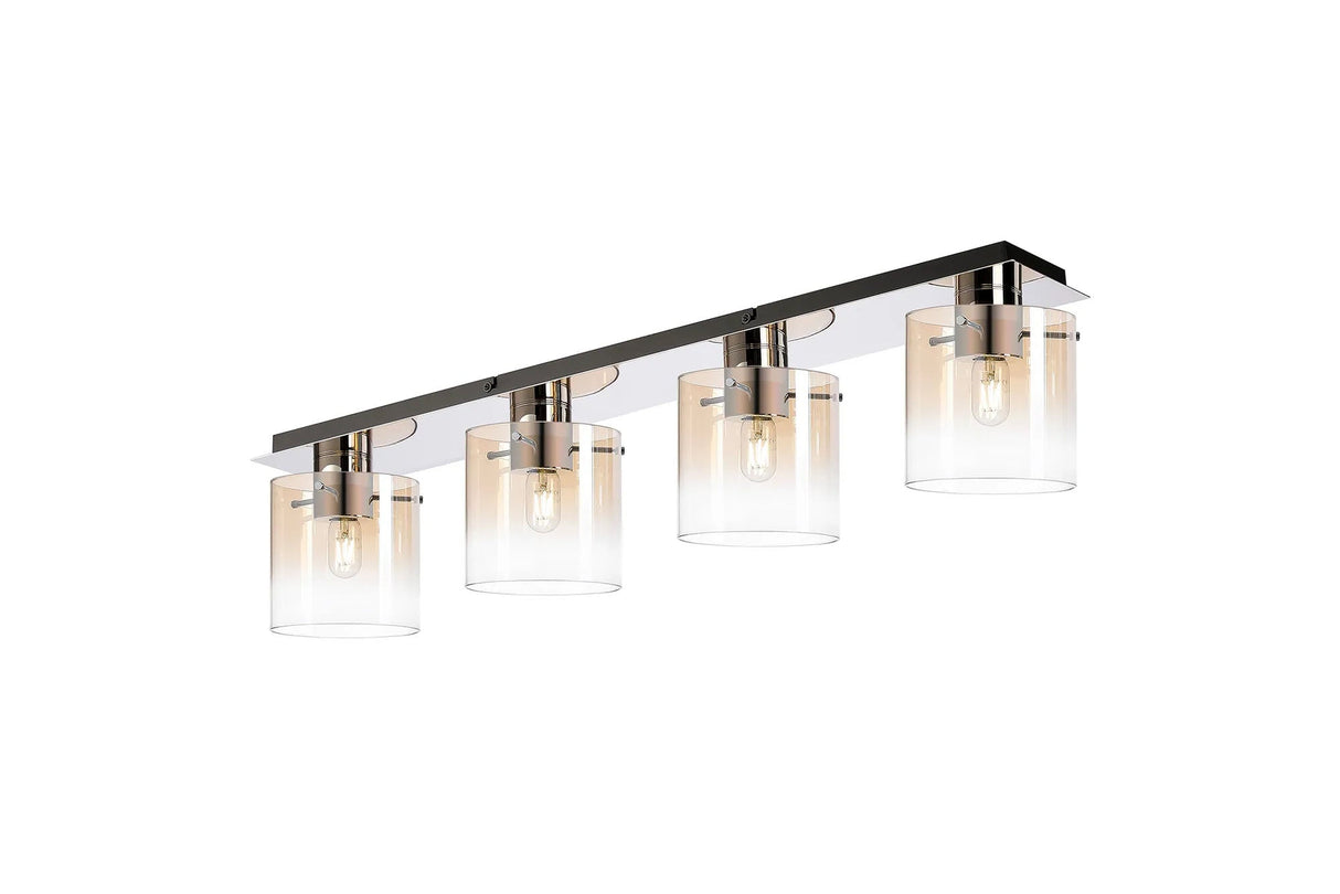 Chisholm Linear Ceiling Flush, 4 Light Flush Fitting, Polished Nickel/Black/Amber Fade Glass