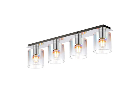 Chisholm Linear Ceiling Flush, 4 Light Flush Fitting, Polished Nickel/Black/Iridescent Fade Glass