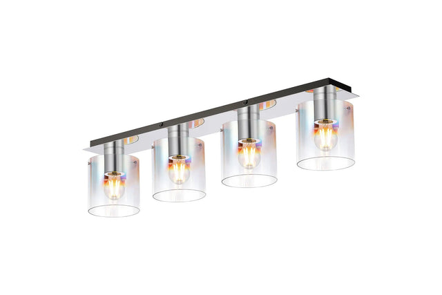 Chisholm Linear Ceiling Flush, 4 Light Flush Fitting, Polished Nickel/Black/Iridescent Fade Glass