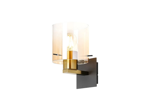Chisholm Single Switched Wall Lamp, 1 Light, E27, Brass/Sand Black/Amber Fade Glass