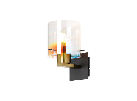 Chisholm Single Switched Wall Lamp, 1 Light, E27, Brass/Sand Black/Iridescent Fade Glass