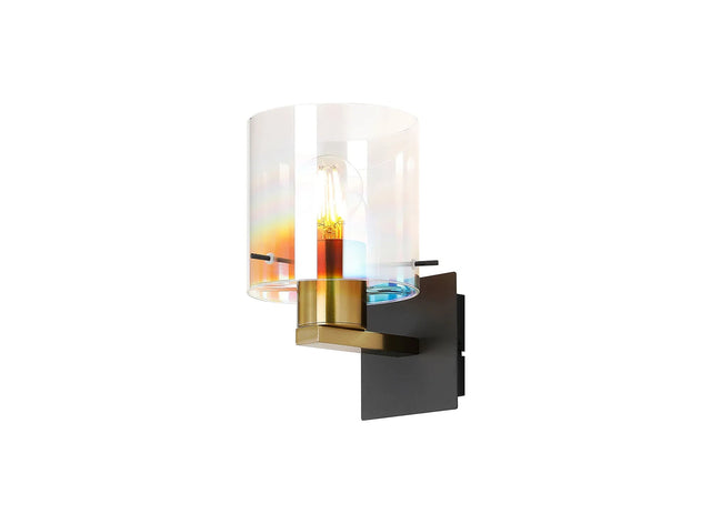 Chisholm Single Switched Wall Lamp, 1 Light, E27, Brass/Sand Black/Iridescent Fade Glass