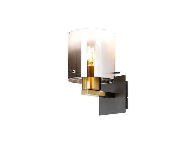 Chisholm Single Switched Wall Lamp, 1 Light, E27, Brass/Sand Black/Smoke Fade Glass