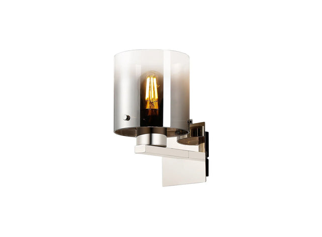 Chisholm Single Switched Wall Lamp, 1 Light, E27, Polished Nickel/Black/Smoke Fade Glass