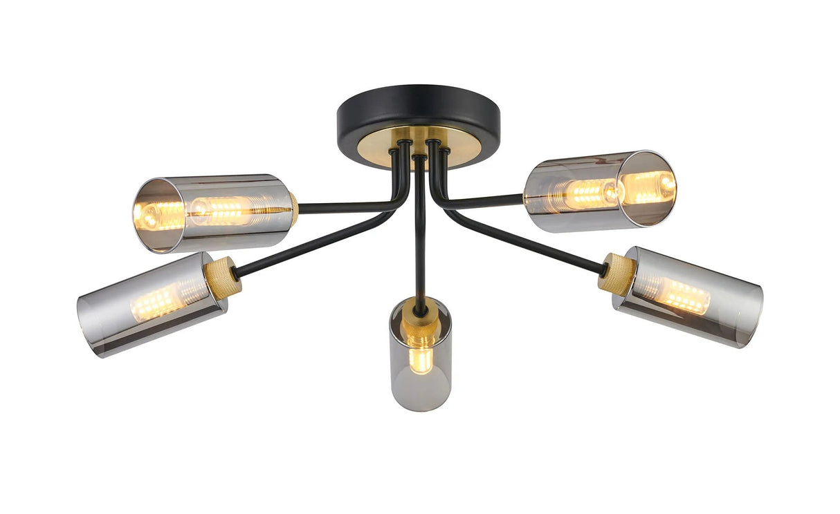 Clamp Ceiling, 5 x G9, Satin Black/Gold/Smoked Glass