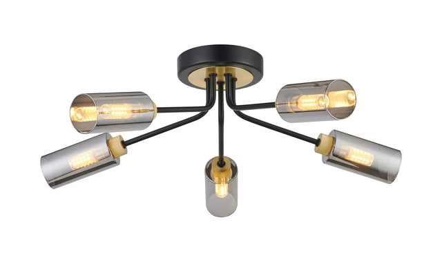 Clamp Ceiling, 5 x G9, Satin Black/Gold/Smoked Glass