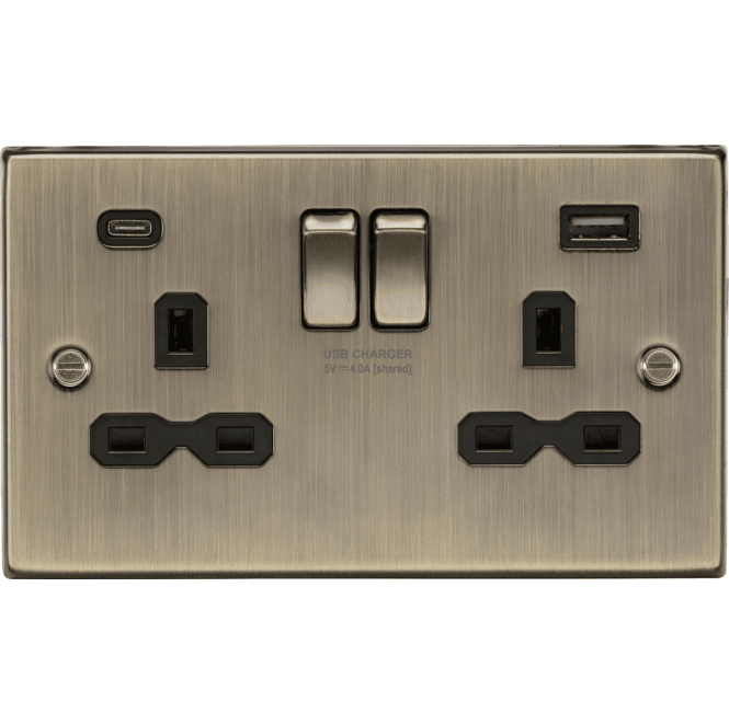 Knightsbridge 13A 2G SP Switched Socket with Dual USB A+C (5V DC 4.0A shared) - Antique Brass with Black Insert -CS9940AB