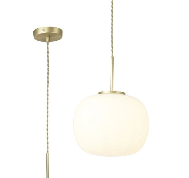 Cunnington Medium Oval Ball Pendant 1 x E27 Satin Gold Suspension With Frosted White Glass Globe