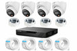 Dahua IP 4-camera CCTV kit contents including four dome cameras, four flush-mount back boxes, a black NVR recorder, and four reels of CAT5e cable