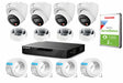 Dahua IP 4-camera CCTV kit contents laid out including four 6MP turret dome cameras, four ceiling mounting brackets, a black NVR recorder, a Toshiba 2TB surveillance hard drive, and four rolls of CAT5 cable