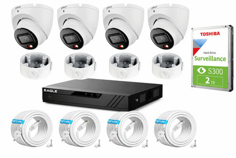 Dahua IP 4-camera CCTV kit contents laid out including four 6MP turret dome cameras, four ceiling mounting brackets, a black NVR recorder, a Toshiba 2TB surveillance hard drive, and four rolls of CAT5 cable